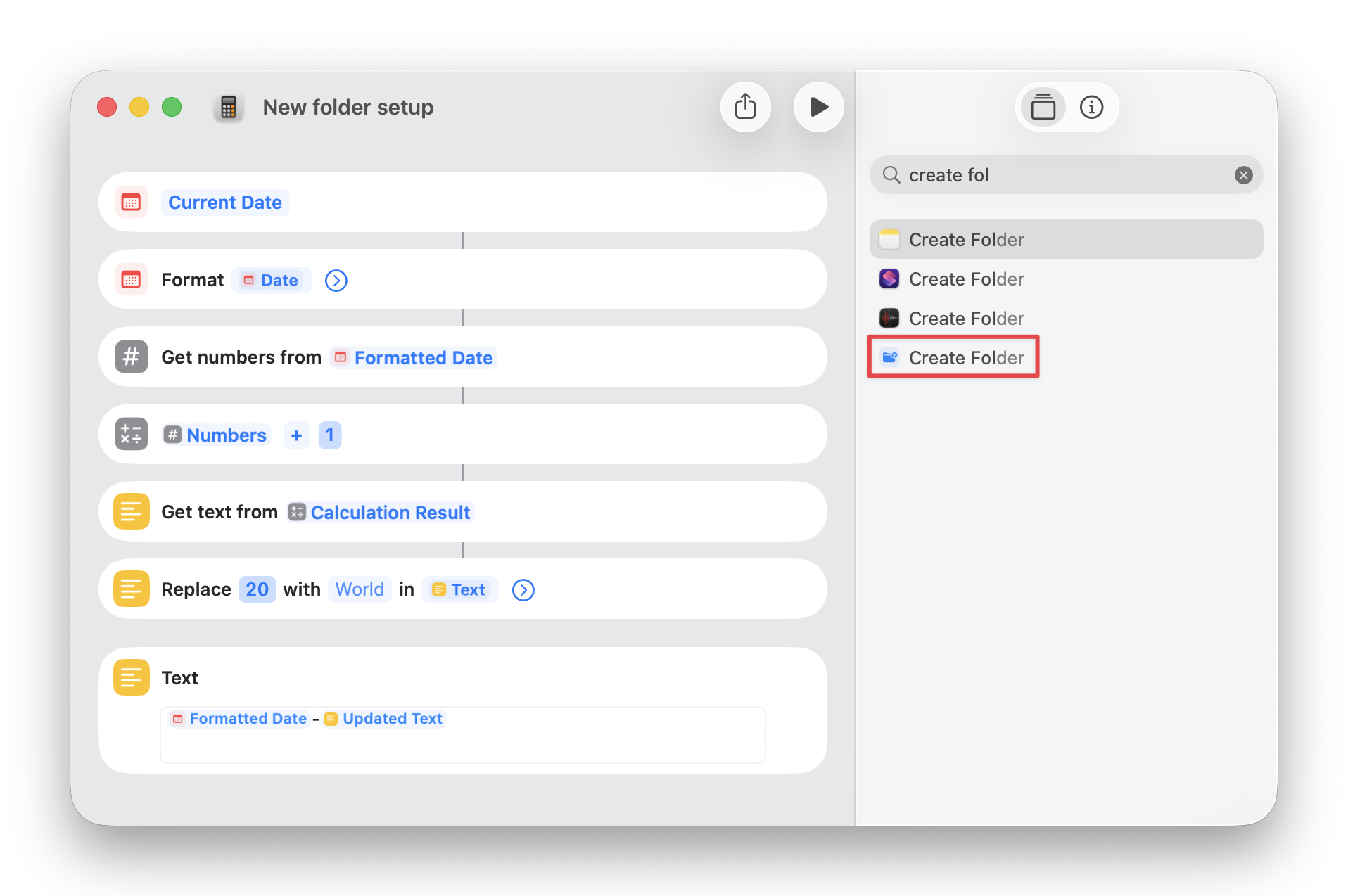 Step 3: New Folder action selected from search results