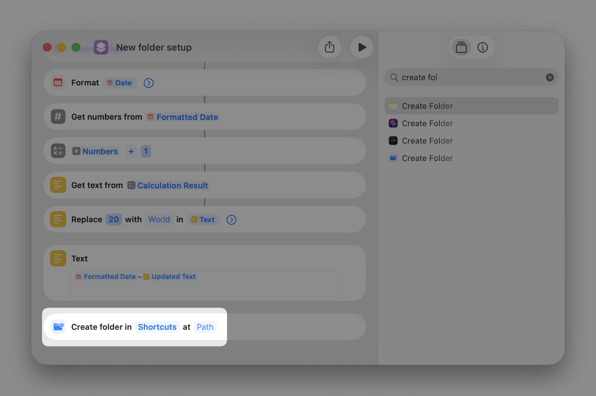 Step 3: Create folder action with Shortcuts and Path parameters